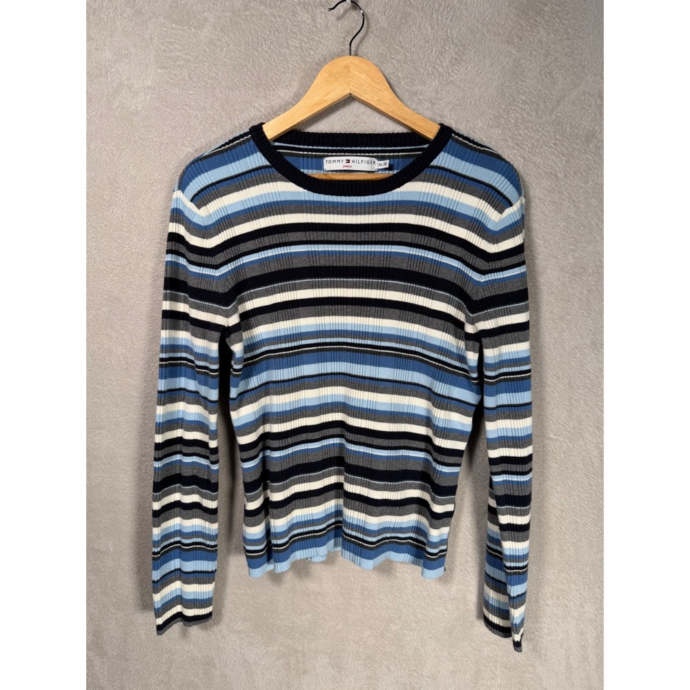 Tommy Hilfiger Jeans Womens XL Blue Striped Ribbed Knit Side Button Sweater Y2K